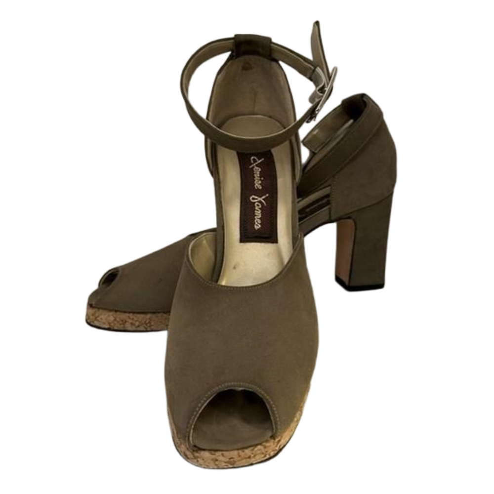 Denise James Leather Suede Peep Toe Pumps with Cork Trim - Size 7.5 N - EUC